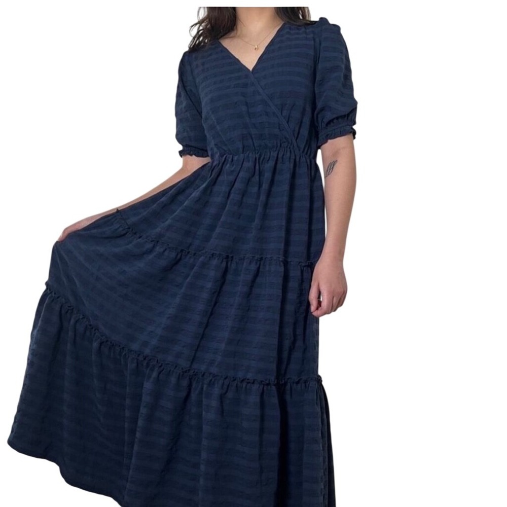 Ophelia Roe Midi Dress Women L Navy Blue Textured Tiered Puff Sleeve NWT